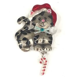 AJMC Cat with Santa Hat Brooch, Pin, Gray